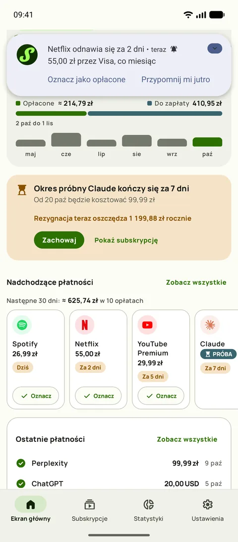 Przypomnienie Subby na Androidzie: Netflix odnawia się za 2 dni, płatność kartą Visa, co miesiąc, z przyciskami Oznacz jako opłacone i Przypomnij jutro