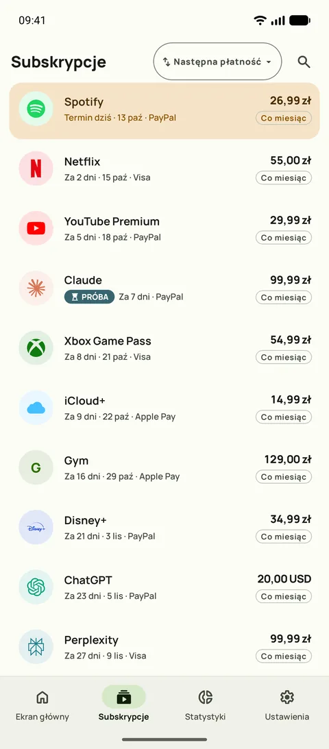 Zakładka Subskrypcje w Subby na Androidzie, posortowana według następnej płatności: Spotify dziś, potem Netflix, YouTube Premium i okres próbny, każdy z ceną i cyklem