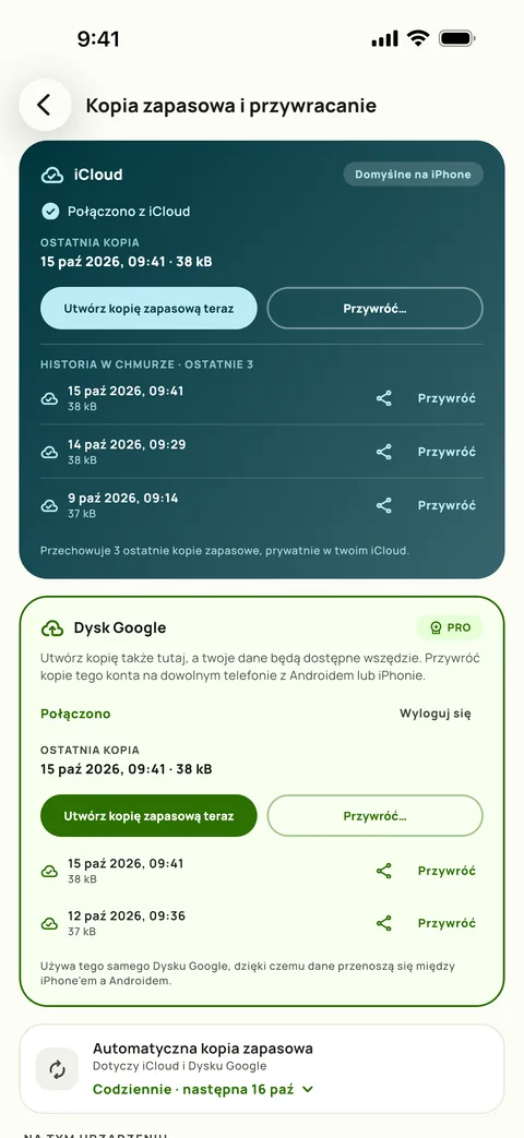 Kopia zapasowa i przywracanie w Subby na iPhonie: iCloud i Dysk Google połączone, lista trzech ostatnich kopii w iCloud i automatyczna kopia ustawiona na codziennie
