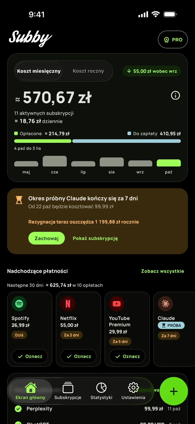 Ekran główny Subby na iPhonie w ciemnym motywie: suma za bieżący miesiąc, koszt na dzień, kwoty opłacone i do zapłaty, karta okresu próbnego i nadchodzące płatności
