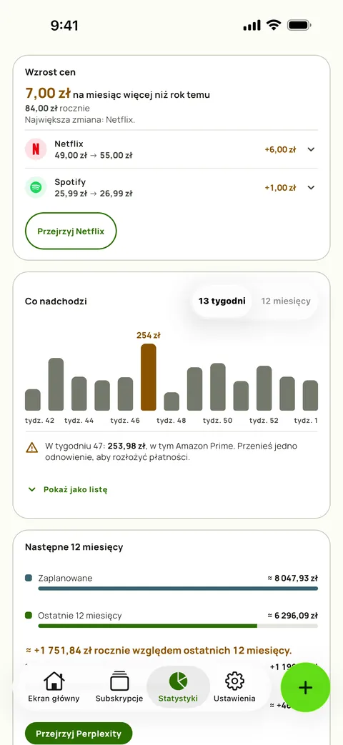 Karta Wzrost cen w Statystykach Subby: o ile więcej miesięcznie kosztują te same serwisy niż rok temu, Spotify i Netflix ze starą i nową ceną oraz przycisk Przejrzyj nad 13-tygodniową prognozą (iPhone)