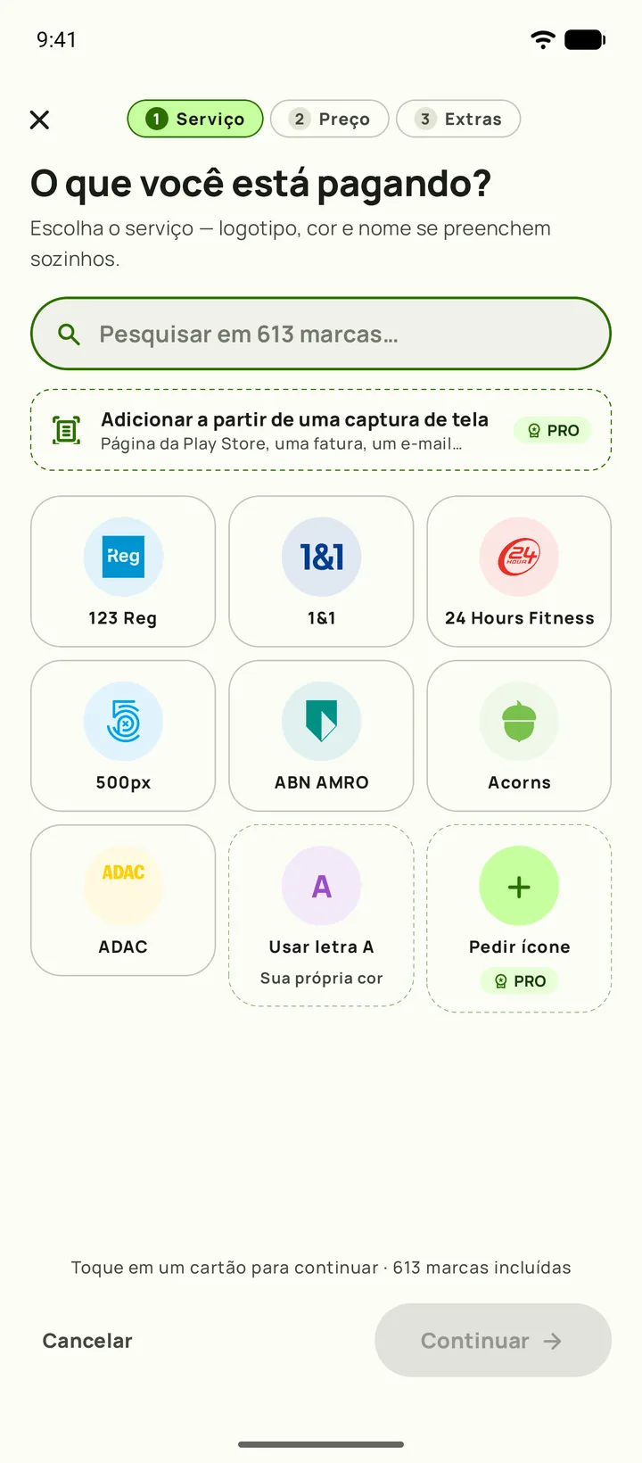 Adicionando uma assinatura no Subby — primeiro passo, escolher o serviço
