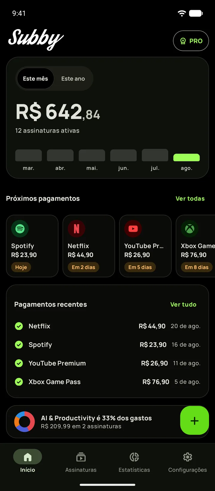 Tela inicial do Subby no modo escuro em preto absoluto