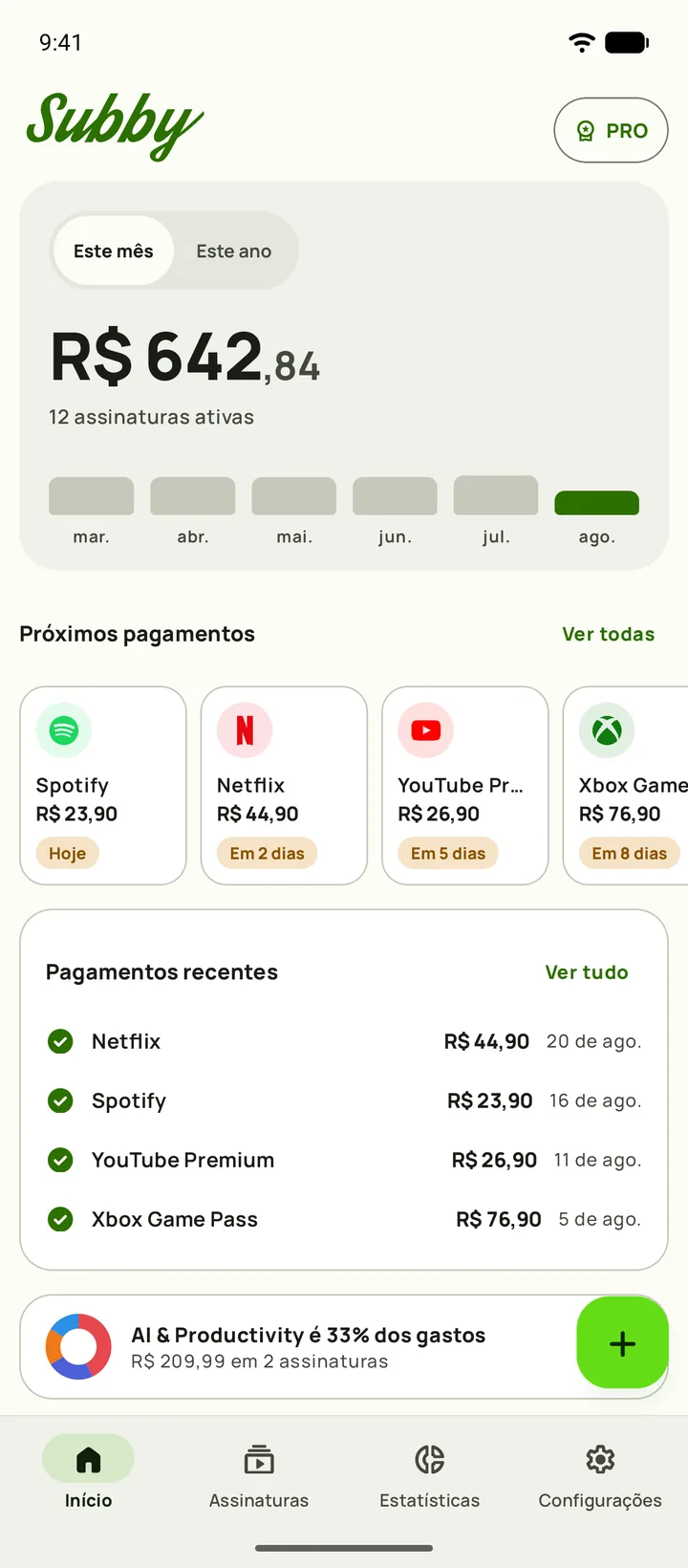 Início do Subby em um celular Android