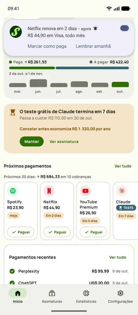 Um lembrete do Subby no Android dizendo que a Netflix renova em 2 dias, $15,49 no Visa, todo mês, com Marcar como paga e Lembrar amanhã