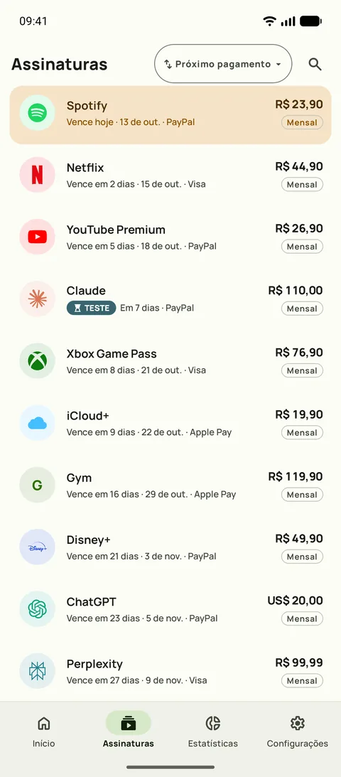 A aba Assinaturas do Subby no Android, ordenada pelo próximo pagamento: Spotify vence hoje, depois Netflix, YouTube Premium e um teste grátis, cada um com preço e ciclo