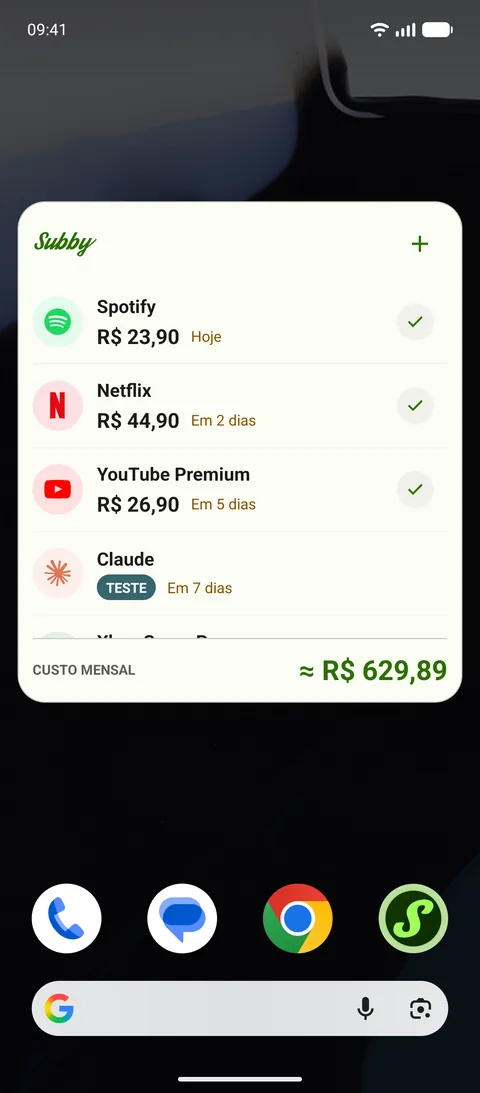 O widget do Subby listando os próximos pagamentos, um teste grátis com o selo TESTE e o custo mensal, em Android