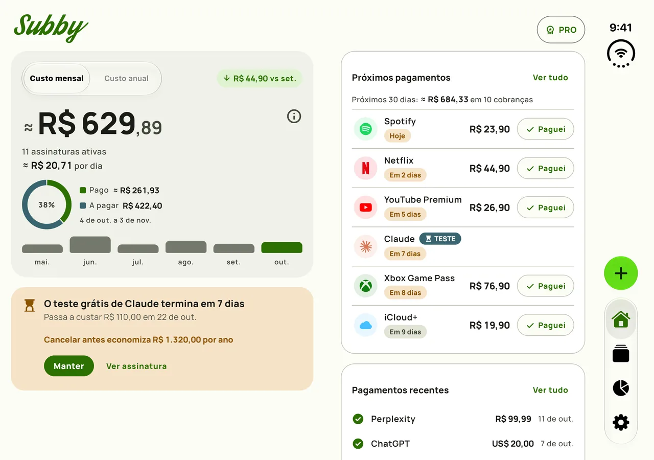Início do Subby no iPhone Duo aberto, com o total mensal e um cartão de teste no painel esquerdo e os próximos pagamentos, cada um com Paguei, no direito