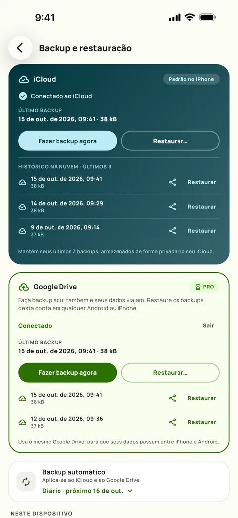 Backup e restauração do Subby no iPhone, com iCloud e Google Drive conectados, os três últimos backups do iCloud listados e o backup automático diário