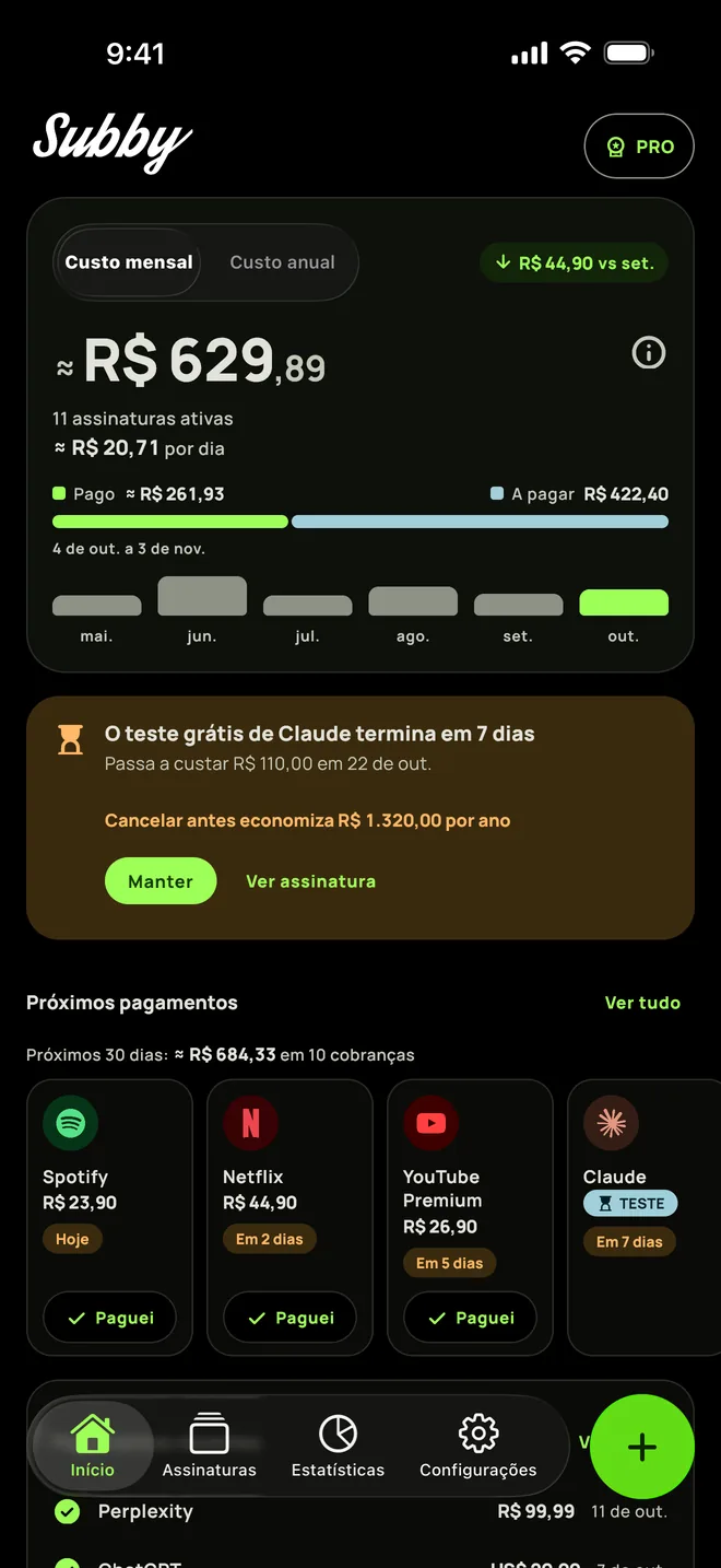 Início do Subby no iPhone, no modo escuro, com o total do mês de $165,35, $5,44 por dia, o que foi pago e o que falta pagar, um cartão de teste e os próximos pagamentos