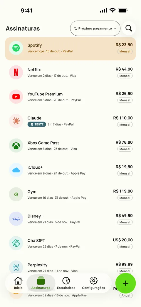 Aba Assinaturas do Subby, ordenada por próximo pagamento, cada assinatura com seu preço, cartão e ciclo de cobrança, em iPhone