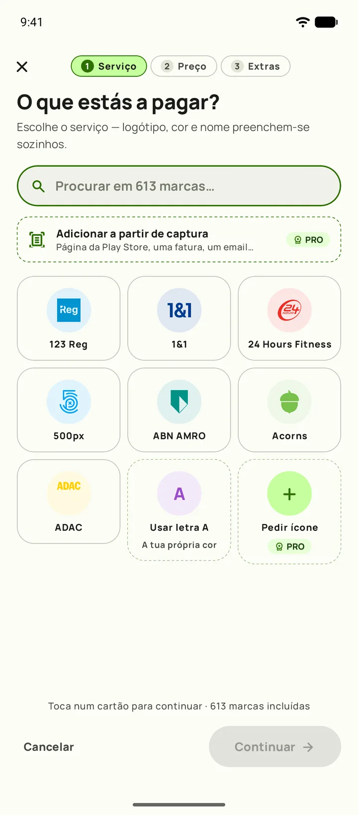 A adicionar uma subscrição no Subby. Primeiro passo, escolher o serviço