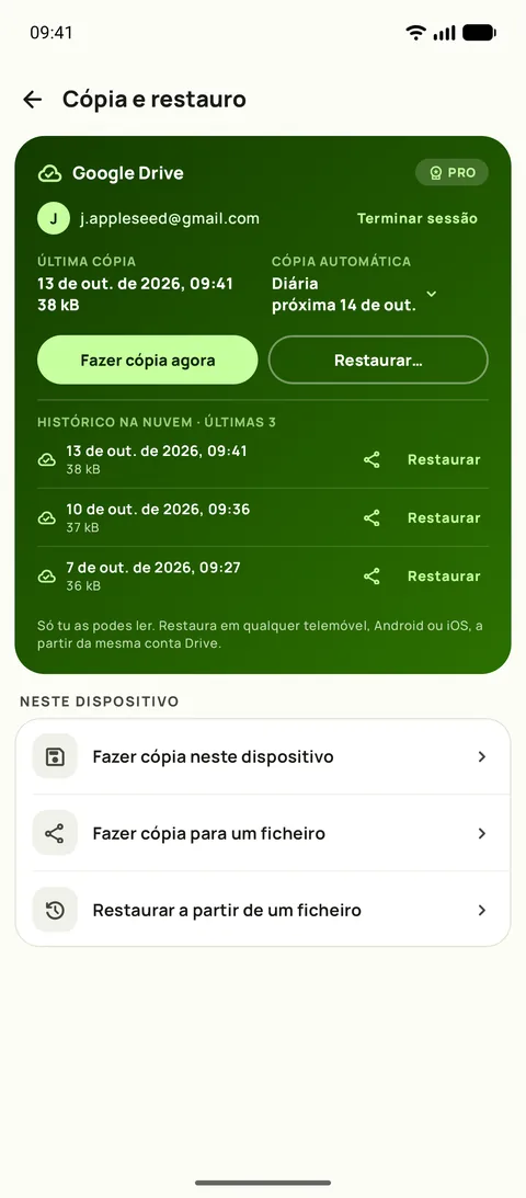 Cópia de segurança e restauro do Subby no Android, com o Google Drive ligado, a cópia automática diária e as três últimas cópias guardadas