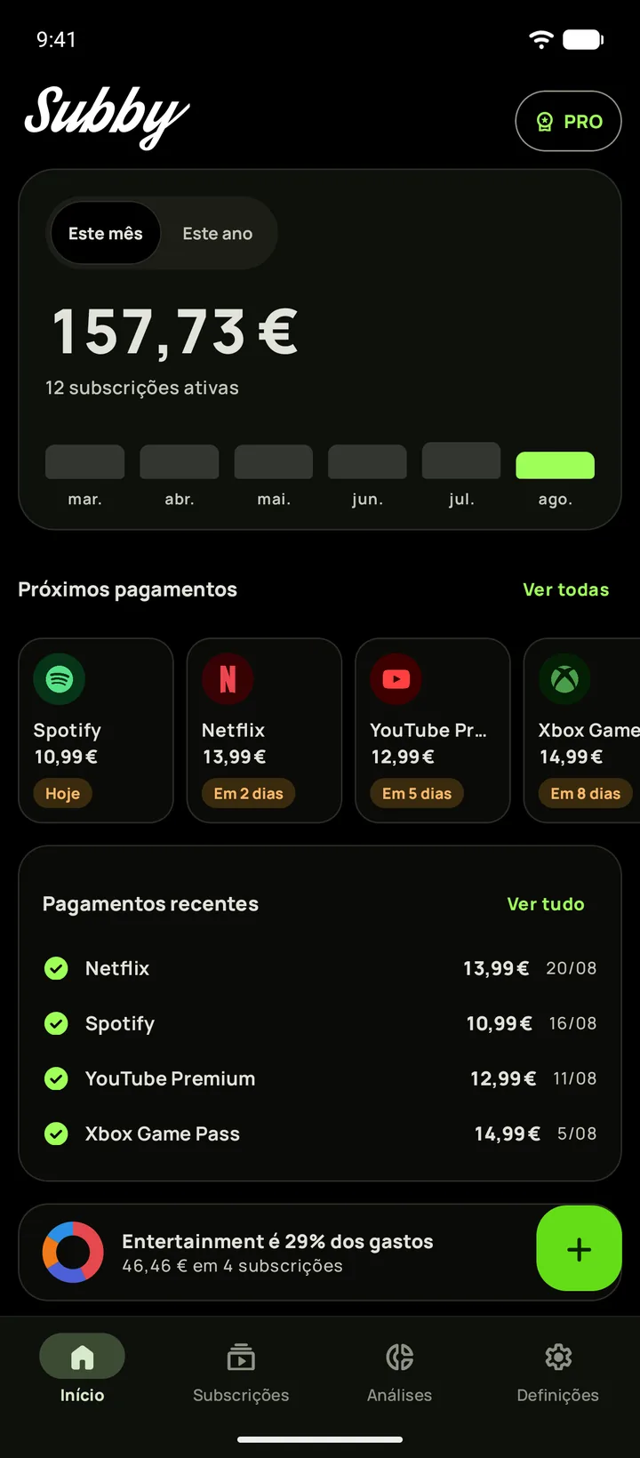 Ecrã principal do Subby no modo escuro