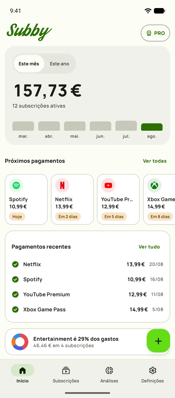 Início do Subby no Android, com o mês a somar {monthly}, {daily} por dia, o que está pago e o que falta pagar, um cartão de teste grátis e os próximos pagamentos