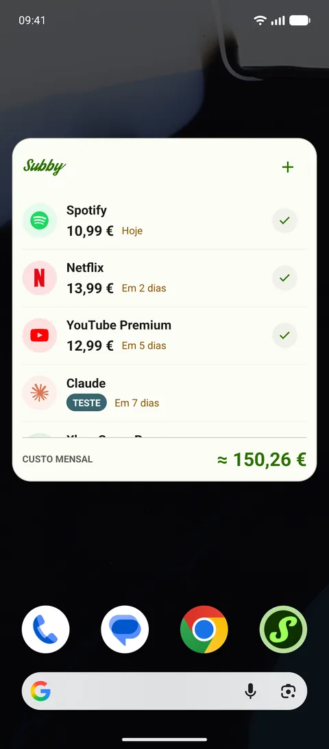 O widget do Subby no ecrã principal do Android, com a Spotify, a Netflix e o YouTube Premium, cada um com uma marca de verificação, um teste grátis com a etiqueta TESTE e um custo mensal de {monthly}