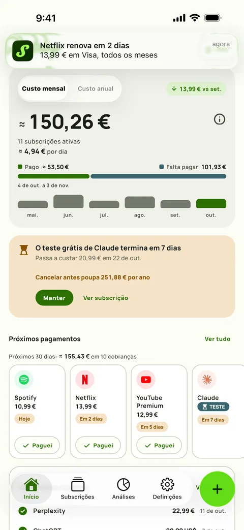 Um lembrete do Subby no iPhone a dizer que a Netflix renova daqui a 2 dias, {monthly} no Visa, todos os meses
