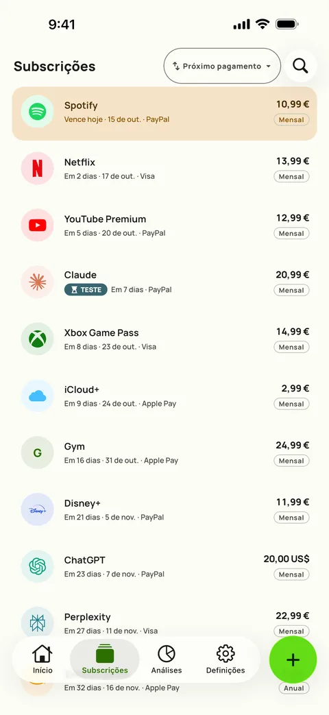 O separador Subscrições do Subby, organizado por próximo pagamento, cada subscrição com o seu preço, cartão e ciclo de faturação, em iPhone