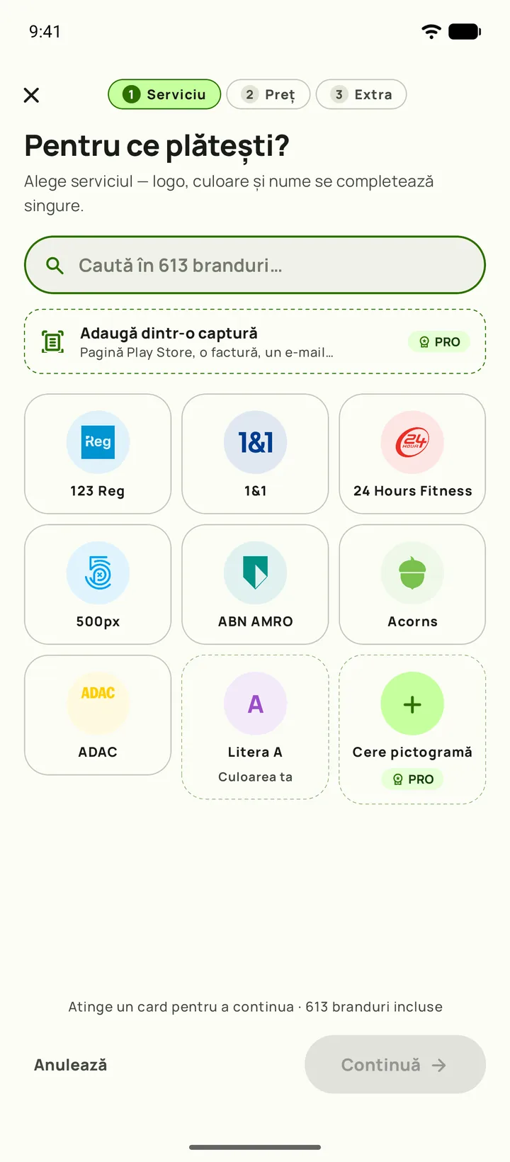 Adăugarea unui abonament în Subby. Pasul unu, alegi serviciul
