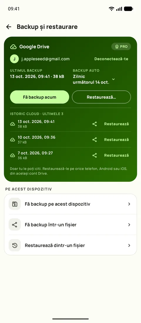 Backup și restaurare în Subby pe Android, cu Google Drive conectat, backup automat zilnic și ultimele trei backupuri păstrate