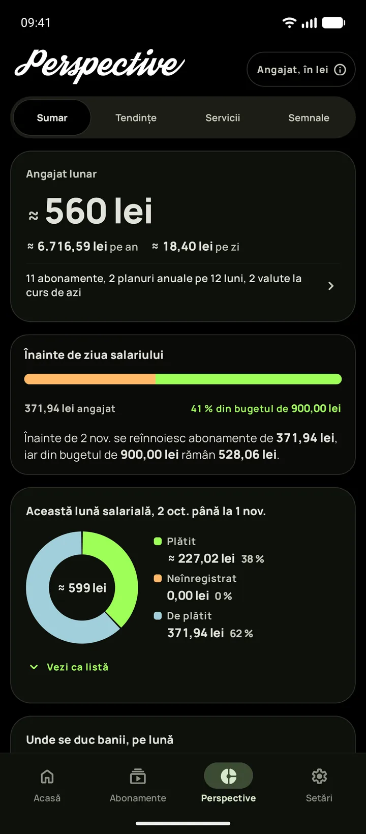 Perspective pe Android în tema negru pur, deschise pe Sumar, cu suma lunară la care te angajezi și bugetul rămas până la salariu