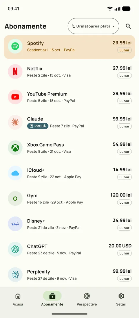 Fila Abonamente din Subby pe Android, în ordinea următoarei plăți: Spotify scadent azi, apoi Netflix, YouTube Premium și o probă gratuită, fiecare cu preț și ciclu