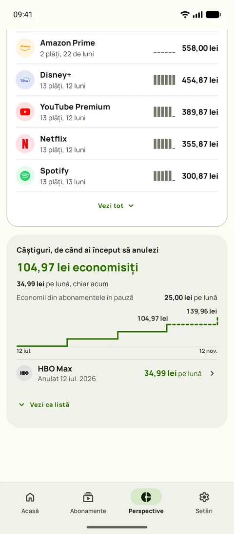 Cheltuiala pe viață pe servicii în Perspective din Subby, fiecare serviciu cu plățile, lunile și totalul lui, deasupra cardului Câștiguri, cu suma economisită de la prima anulare, economia lunară de acum, economia dintr-un abonament pus pe pauză și un grafic în trepte al totalului, pe Android