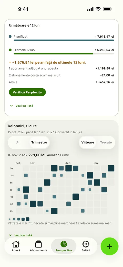 Calendarul reînnoirilor din Perspective, un trimestru de zile viitoare, în care pătratele mai mari și mai închise marchează zilele mai costisitoare, cu o zi aleasă ca să-i arate reînnoirea, pe iPhone