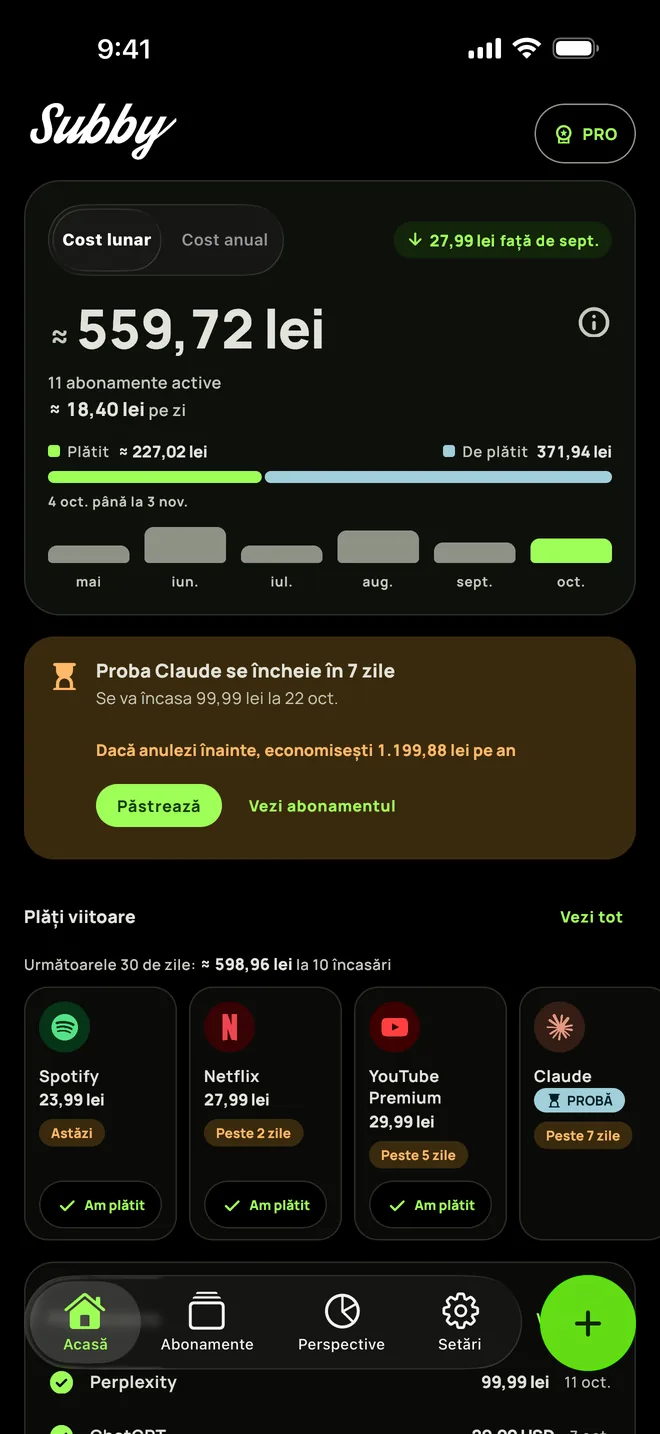 Ecranul Acasă din Subby pe iPhone, în modul întunecat, cu totalul lunii, costul pe zi, ce ai plătit față de ce mai ai de plătit, cardul unei probe și plățile următoare