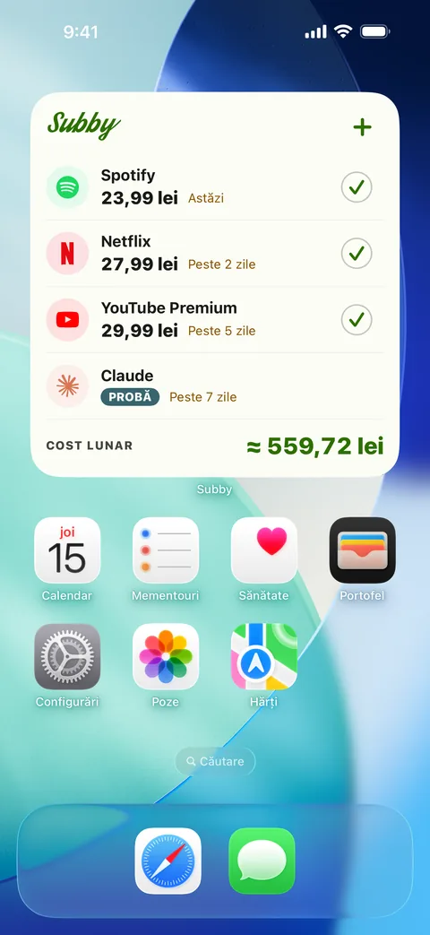 Widgetul mare Subby pe ecranul de pornire al unui iPhone, cu Spotify, Netflix și YouTube Premium bifate, o probă marcată PROBĂ și costul lunar