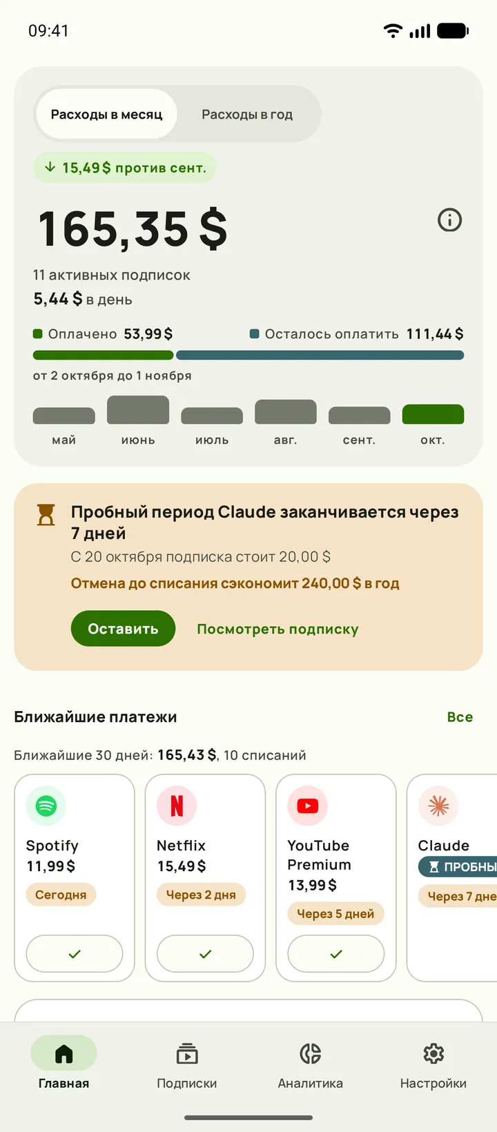 Главная Subby на Android: сумма за месяц 165,35 $, 5,44 $ в день, оплачено и впереди, карточка пробного периода и ближайшие платежи
