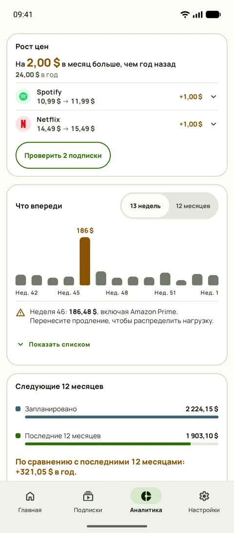 Карточка «Рост цен» в аналитике Subby: на сколько в месяц те же сервисы дороже, чем год назад, Spotify и Netflix со старой и новой ценой и кнопка «Проверить» над прогнозом на 13 недель, на Android