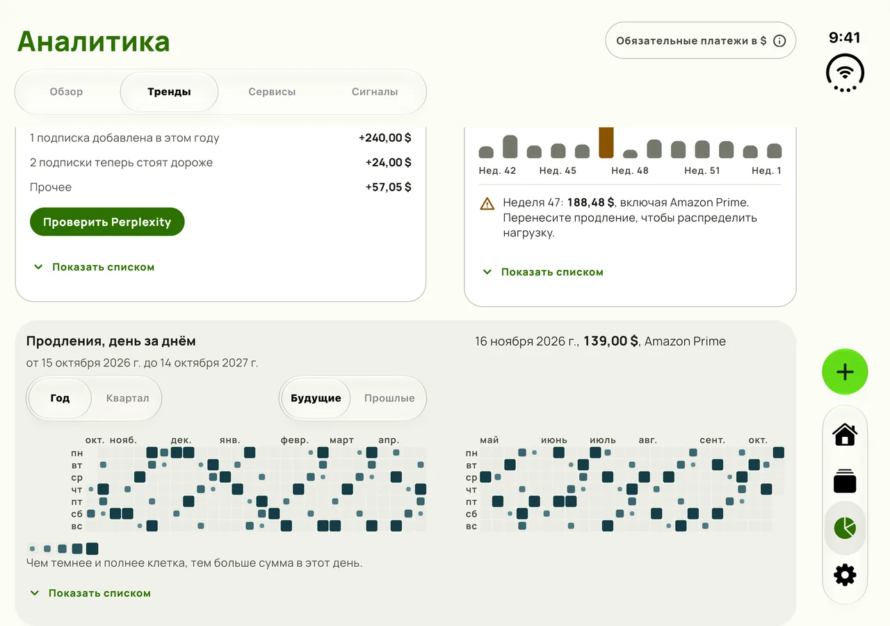 Аналитика Subby на раскрытом iPhone Duo: календарь продлений проходит через обе панели, а сгиб приходится между апрелем и маем