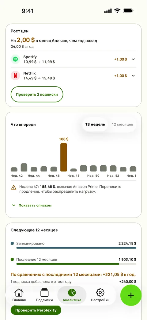 Карточка «Рост цен» в аналитике Subby: на сколько в месяц те же сервисы дороже, чем год назад, Spotify и Netflix со старой и новой ценой и кнопка «Проверить» над прогнозом на 13 недель, на iPhone
