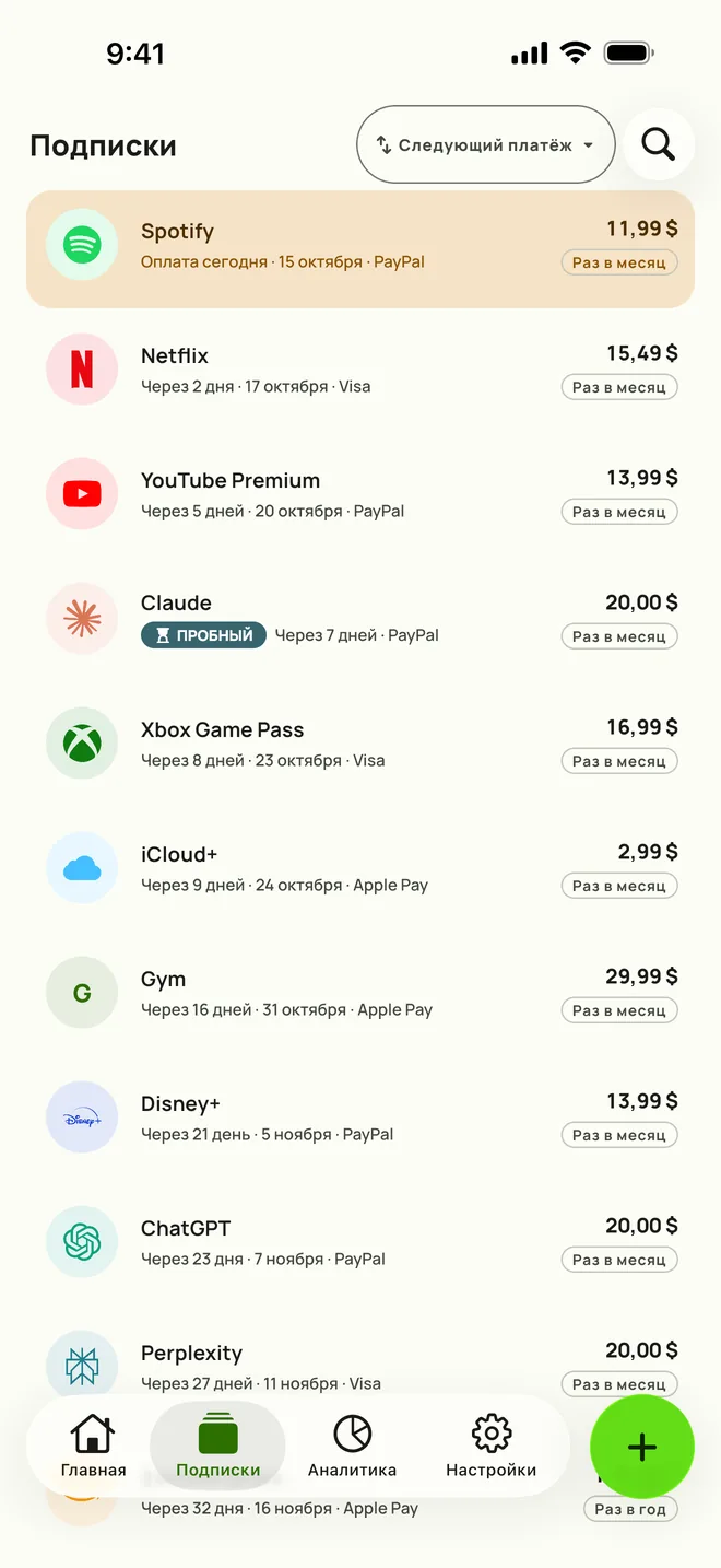 Вкладка «Подписки» в Subby на iPhone, отсортированная по дате следующего платежа: сегодня Spotify, затем Netflix, YouTube Premium и пробный период, у каждого цена и период