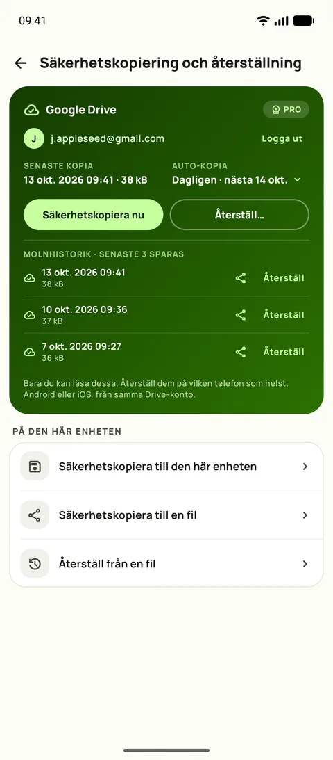 Säkerhetskopia och återställning i Subby på Android, med Google Drive ansluten, automatisk säkerhetskopiering inställd på varje dag och de tre senaste säkerhetskopiorna sparade
