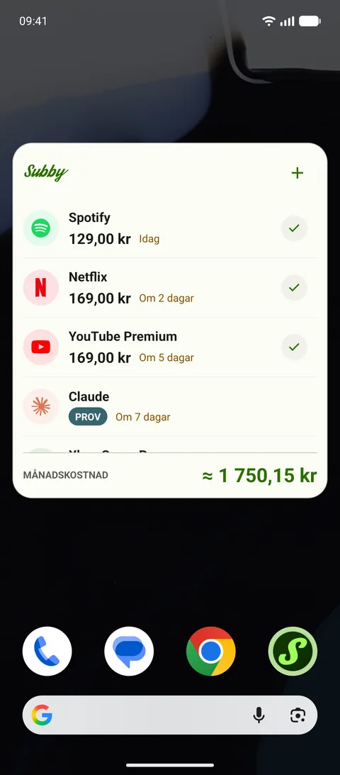 Subby-widgeten på en Android-hemskärm med Spotify, Netflix och YouTube Premium, en bock på var och en, en provperiod märkt PROV och månadens summa
