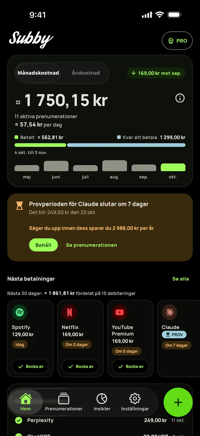 Subbys Hem på iPhone i mörkt läge, med månadens summa, kostnad per dag, betalt mot kvar att betala, ett kort för en provperiod och nästa betalningar