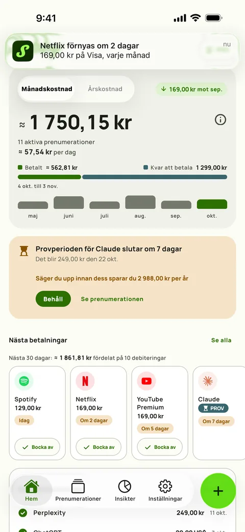 En Subby-påminnelse på iPhone där det står att Netflix förnyas om 2 dagar, på Visa, varje månad