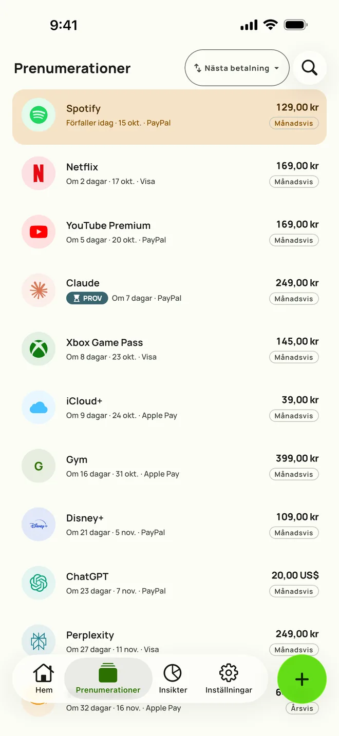 Fliken Prenumerationer i Subby på iPhone, sorterad efter nästa betalning: Spotify förfaller i dag, därefter Netflix, YouTube Premium och en gratis provperiod, var och en med pris och cykel