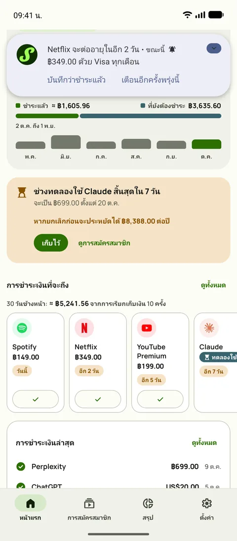 การแจ้งเตือนของ Subby บน Android ข้อความว่า Netflix จะต่ออายุในอีก 2 วัน $15.49 ผ่าน Visa ทุกเดือน พร้อมปุ่มบันทึกว่าชำระแล้วและเตือนพรุ่งนี้