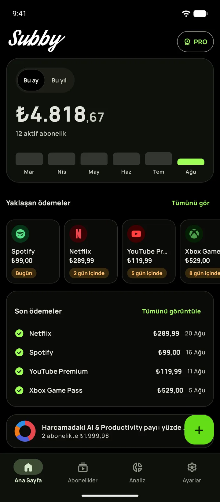Android'de Subby Ana Sayfa, tam siyah temada: bu ayın toplamı 165,35 $, bir deneme kartı ve yaklaşan ödemeler