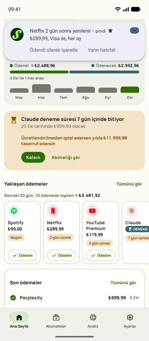 Android'de bir Subby hatırlatıcısı: Netflix 2 gün içinde yenileniyor, Visa kartıyla 15,49 $, her ay. Ödendi olarak işaretle ve Yarın hatırlat düğmeleriyle