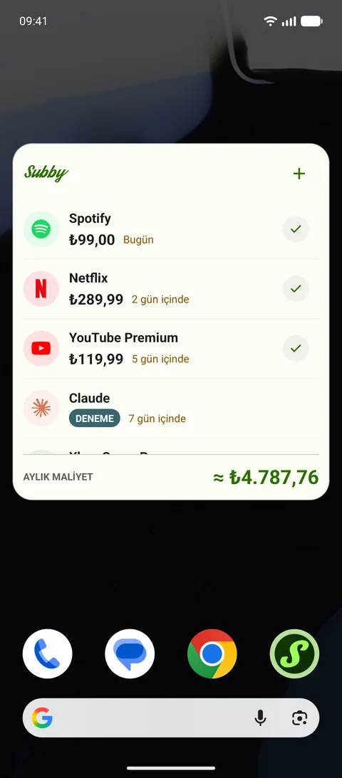 Android ana ekranında Subby widget'ı: Spotify, Netflix ve YouTube Premium işaretli satırlar halinde, DENEME etiketli bir deneme ve aylık 165,35 $ maliyet