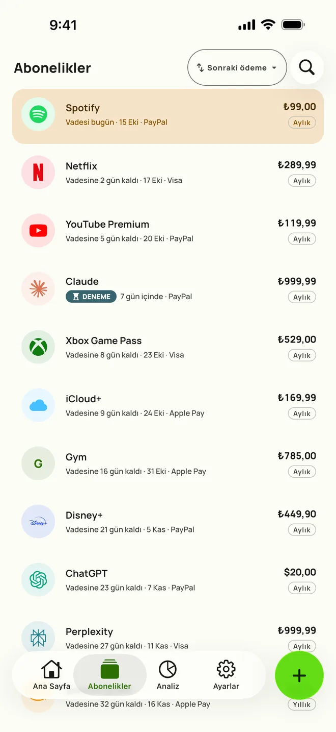 iPhone'da Subby'nin Abonelikler sekmesi, sonraki ödemeye göre sıralı: bugün çekilecek Spotify, ardından Netflix, YouTube Premium ve bir ücretsiz deneme, her biri fiyatı ve dönemiyle