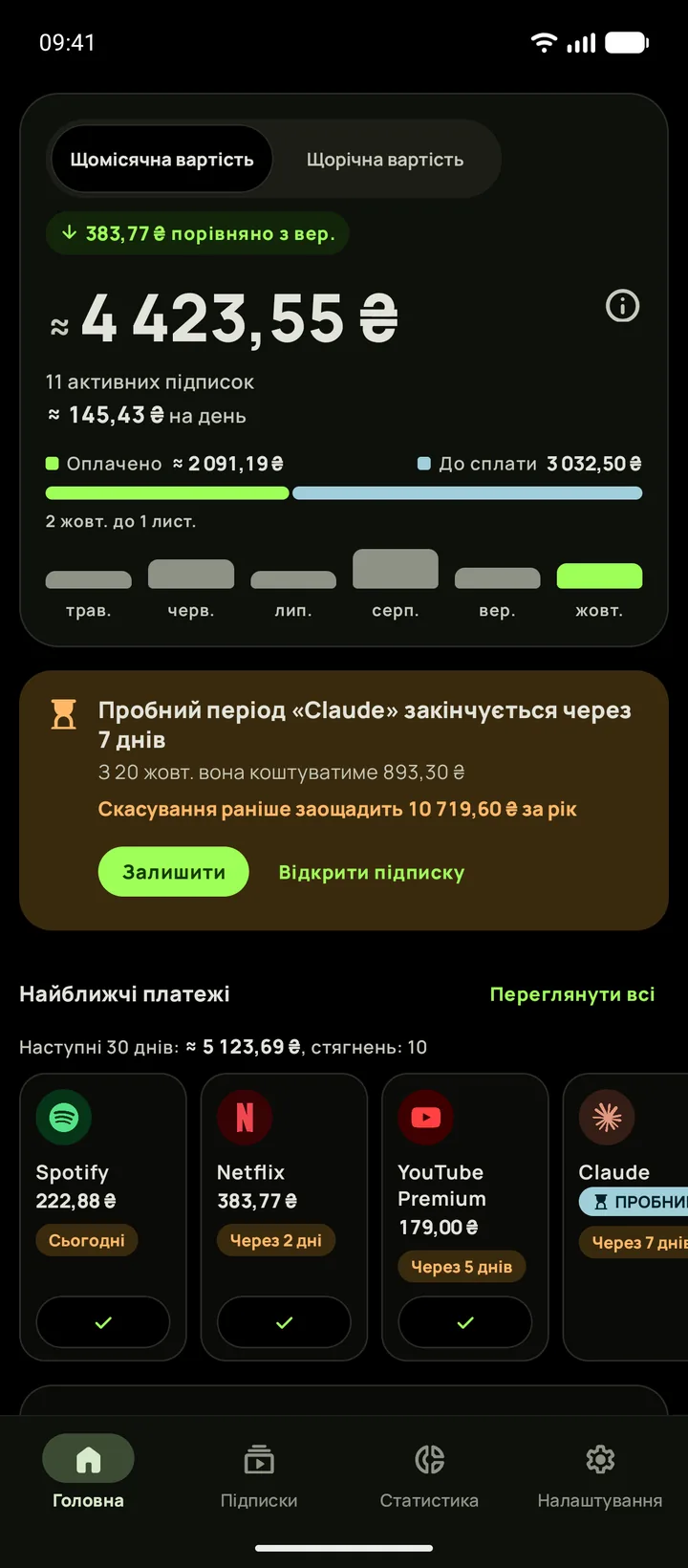 Головна Subby на Android у справді чорній темі: $165.35 на місяць, картка пробного періоду та найближчі платежі