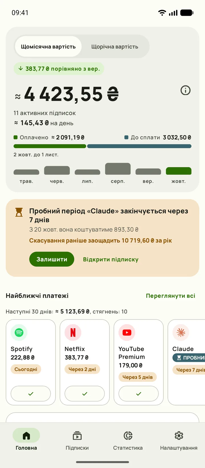 Головна Subby на Android: місяць коштує $165.35, $5.44 на день, оплачено й до сплати, картка пробного періоду та найближчі платежі