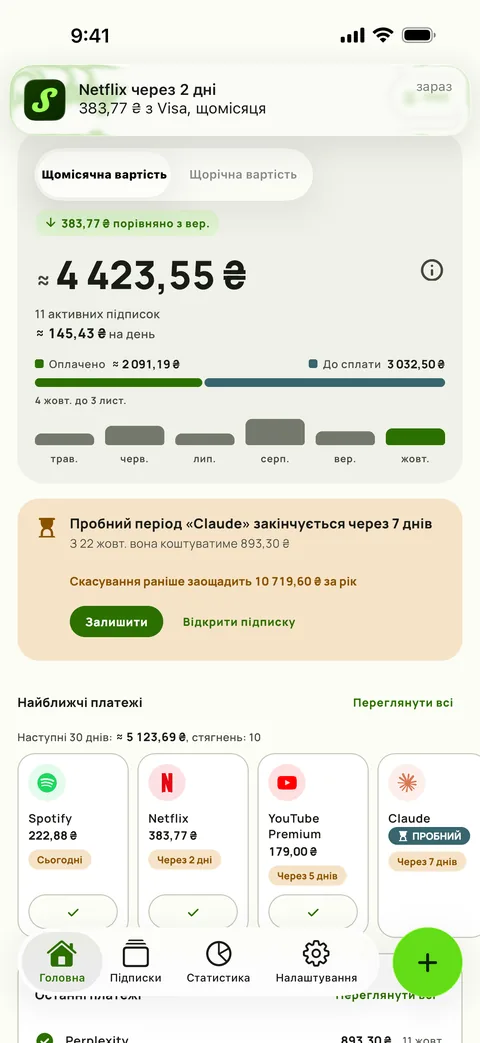 Нагадування Subby на iPhone: Netflix поновлюється за 2 дні, $15.49 на Visa, щомісяця