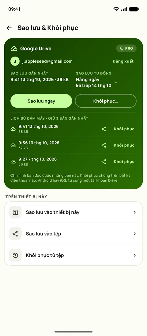 Sao lưu & Khôi phục trong Subby trên Android: Google Drive đã kết nối, sao lưu tự động đặt hàng ngày và ba bản sao lưu gần nhất được giữ lại