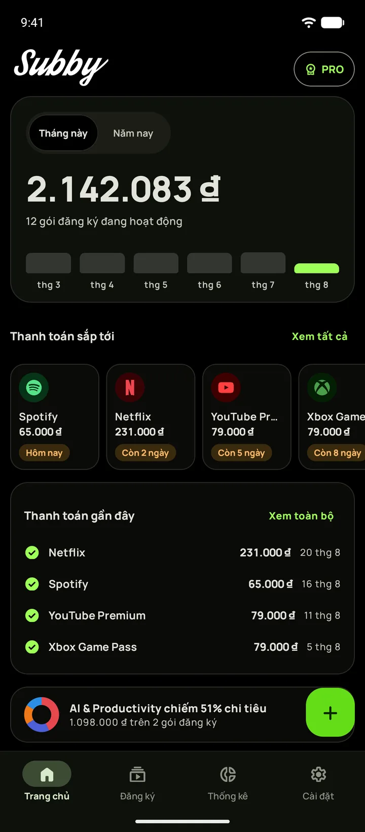 Trang chủ Subby trên Android ở chế độ tối đen tuyền: tổng tháng này $165.35, một thẻ gói dùng thử và các khoản thanh toán sắp tới